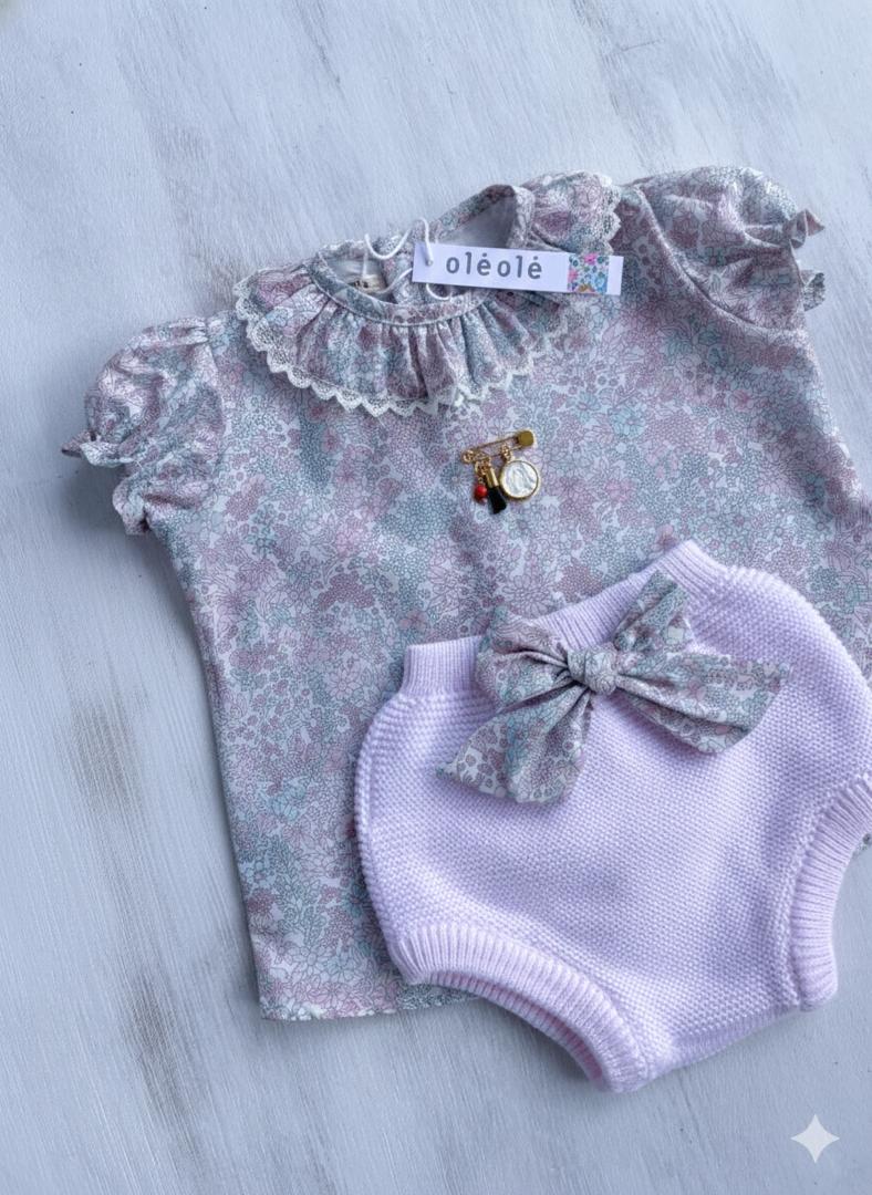 Conjunto panty tejida jardín flores rosado y verde agua