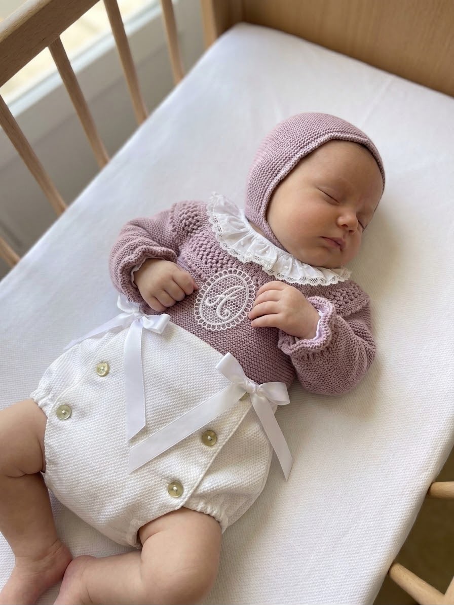 Conjunto suéter, gorro y panty piqué lila
