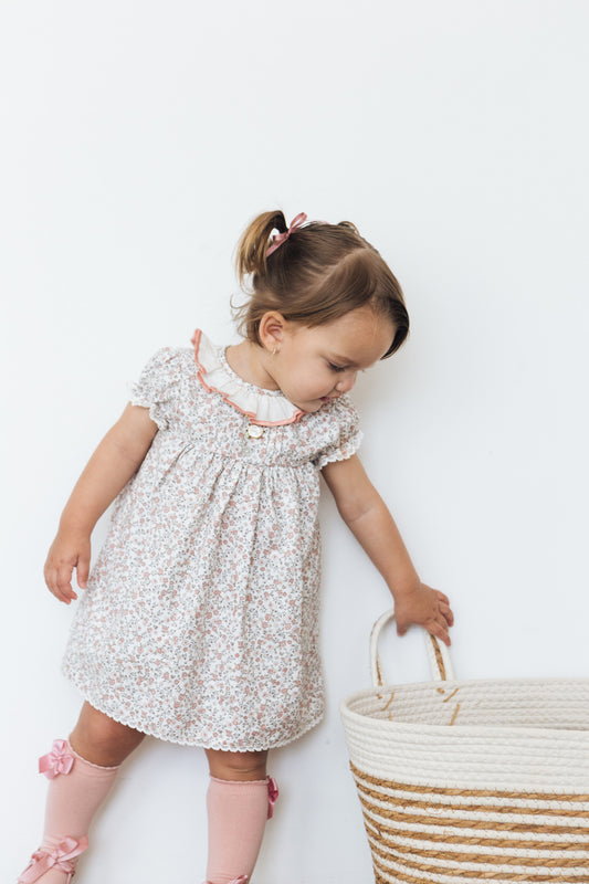 Vestido Madrid flores mini guayaba y rosado