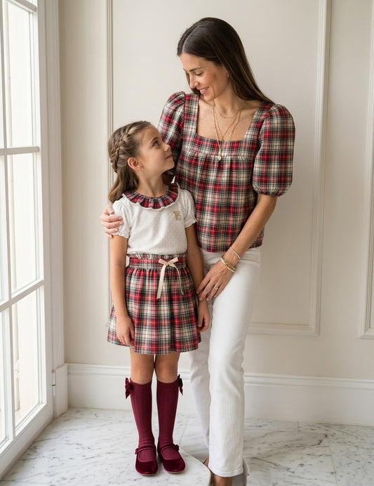Conjunto MatchyCuello falda de grande tartán burdeos y beige