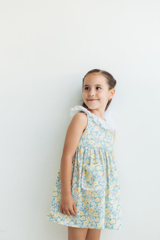 Vestido bolsillo flores grandes tipo liberty amarillas