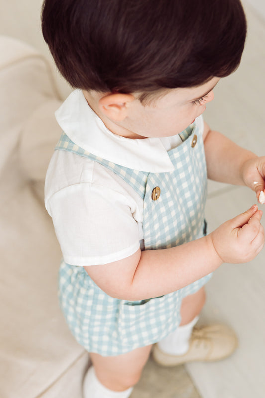 Conjunto braga varón cuadros turquesa y camisa crudo