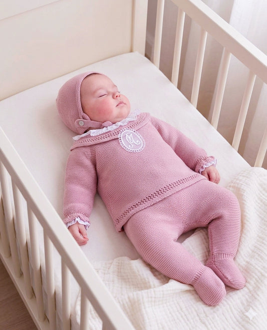 Conjunto tejido c/gorro rosa viejo