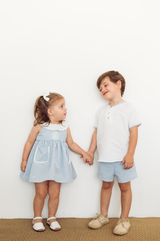 Conjunto varón short rayas horizontales azul y blanco