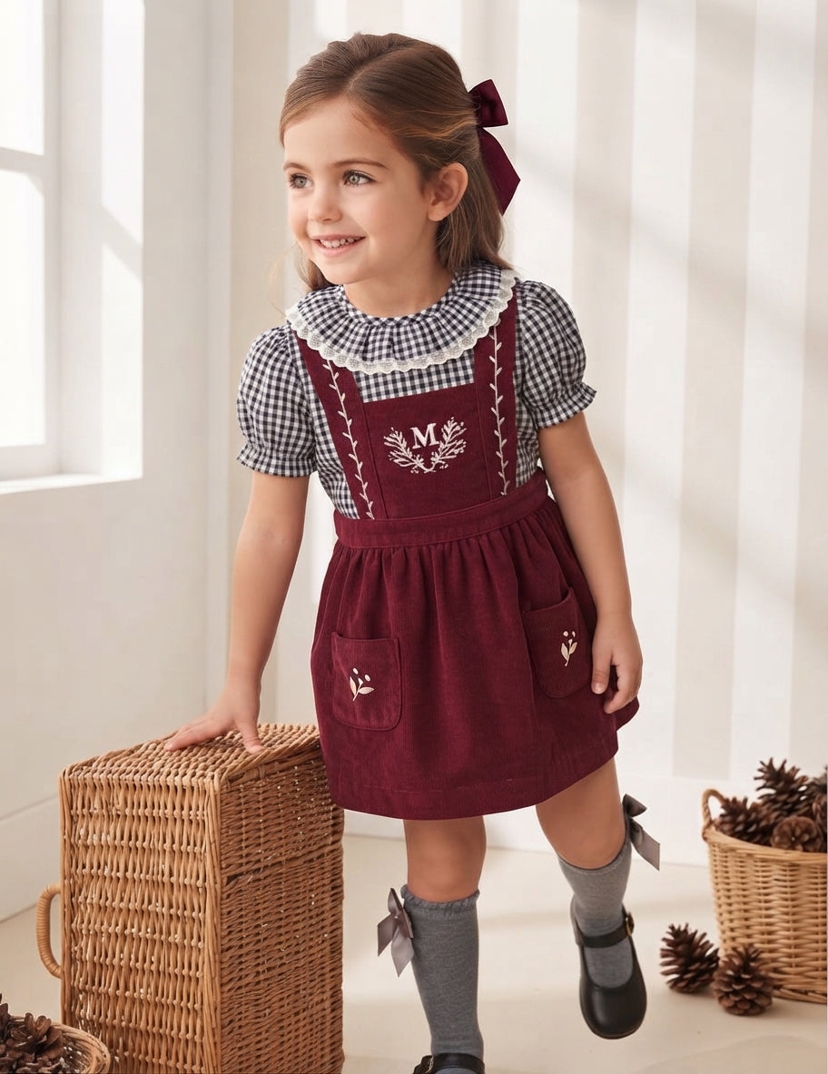 Conjunto jumper pana burdeos y camisa cuadros B&N perzonalizado