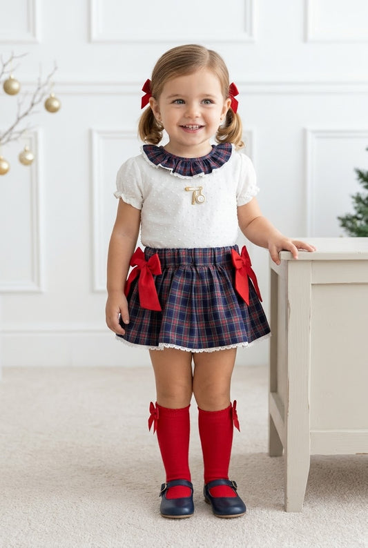 Conjunto MatchyCuello falda c/lazos rojos tartán marino y rojo