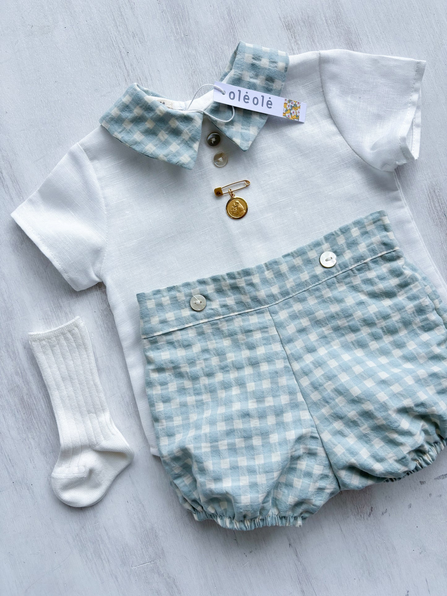 Conjunto varón bombacha cuadros turquesa y beige