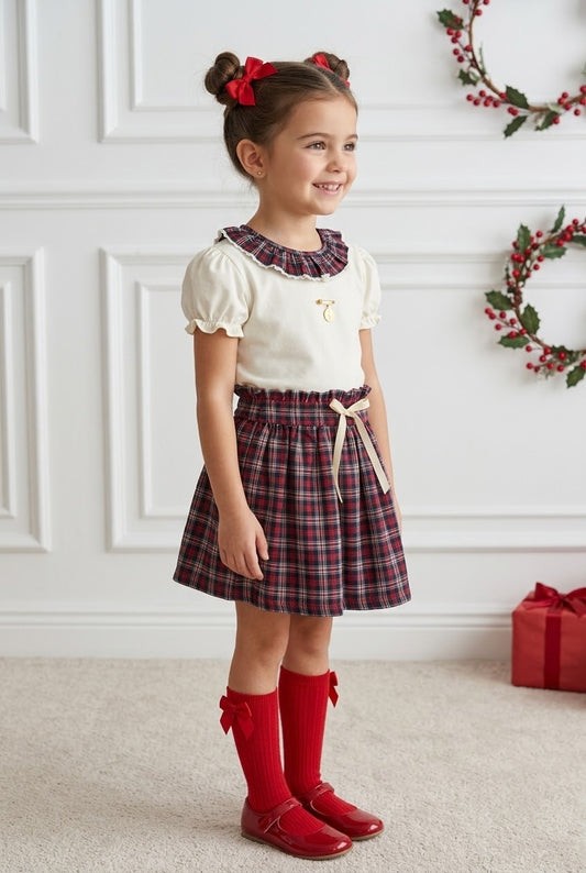 Conjunto MatchyCuello falda de grande cuadros marino y rojo
