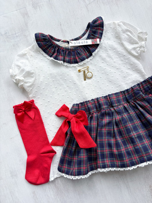 Conjunto MatchyCuello falda c/lazos rojos tartán marino y rojo