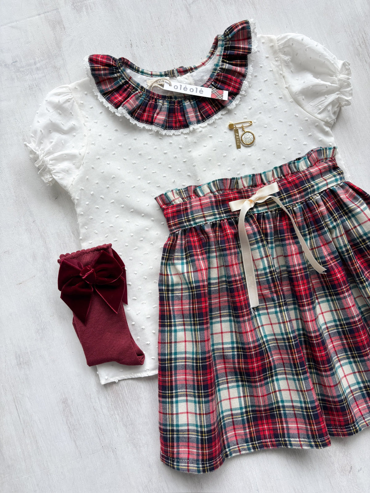 Conjunto MatchyCuello falda de grande tartán burdeos y beige