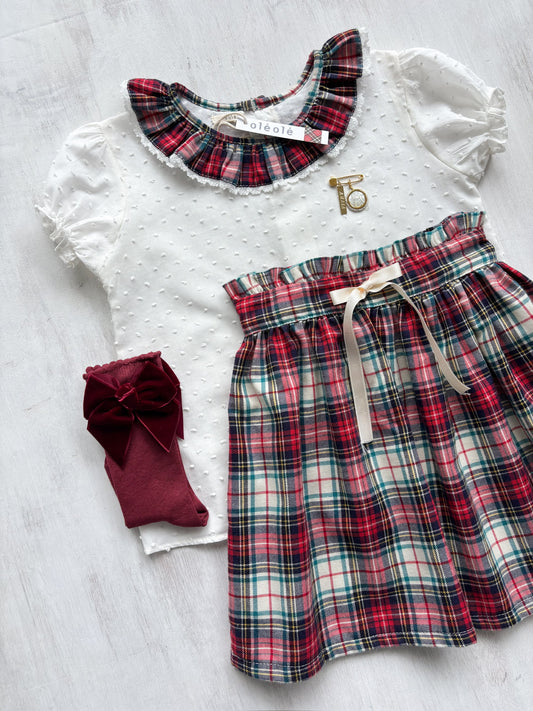 Conjunto MatchyCuello falda de grande tartán burdeos y beige