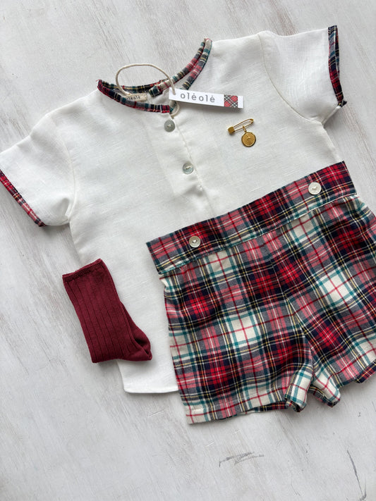 Conjunto varón short tartán burdeos y beige