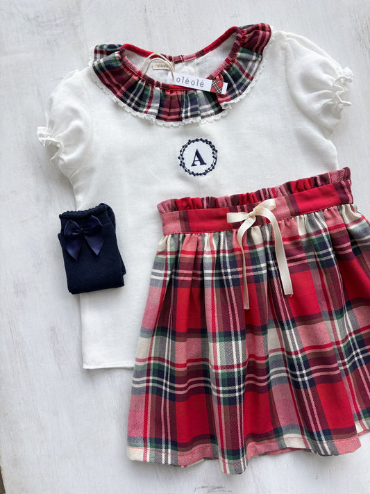 Conjunto MatchyCuello falda de grande cuadros rojos y crudo personalizado