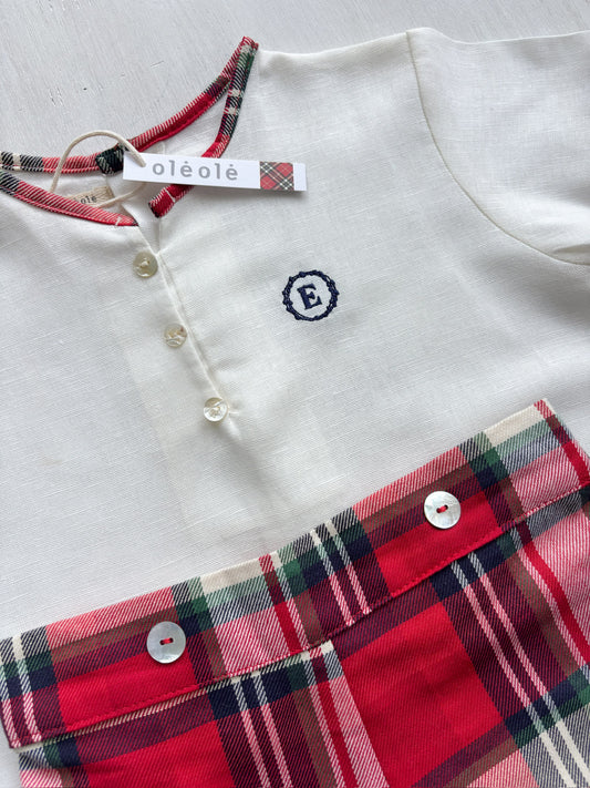 Conjunto varón short cuadros rojos y crudo personalizado