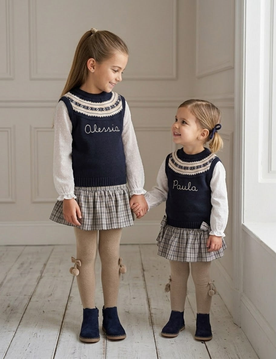 Conjunto top chaleco personalizado y falda c/lazos cuadros marino y beige