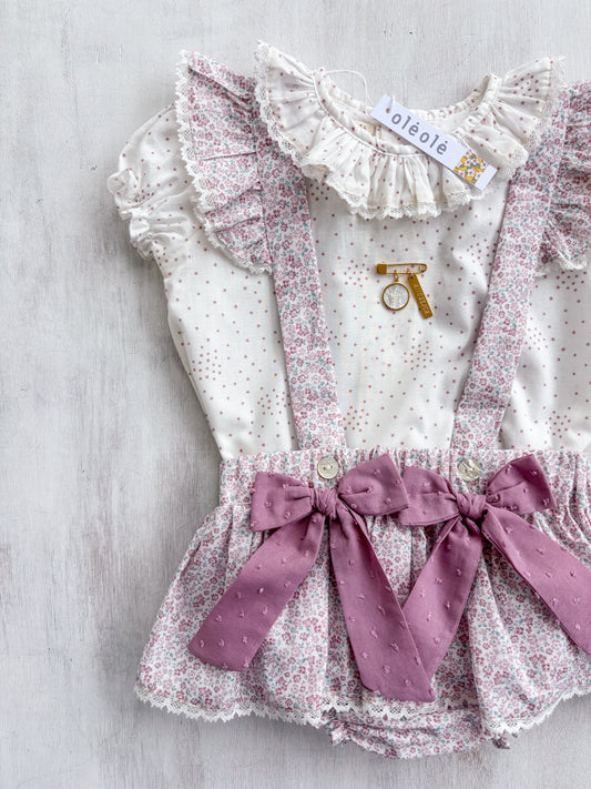 Conjunto falda c/tirantes flores mini rosadas combinada