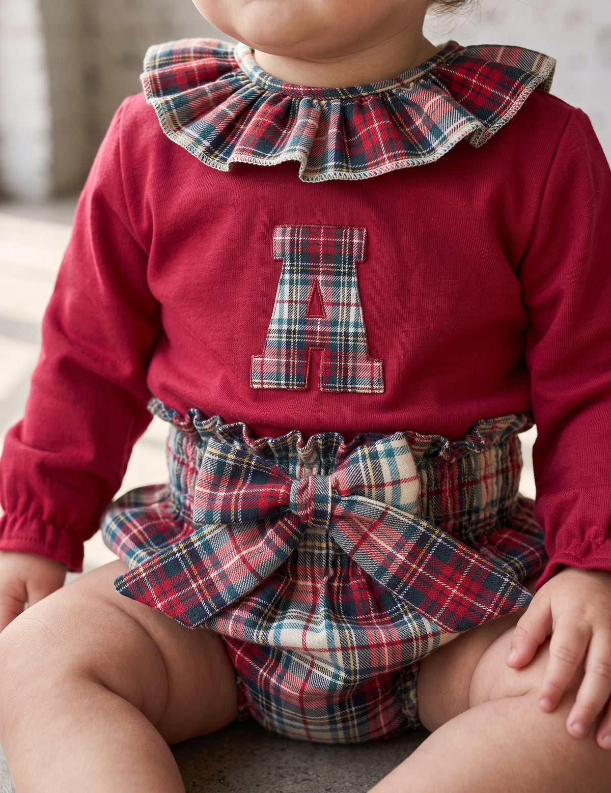 Conjunto bombacha bebé niña c/suéter personalizado tartán burdeos y beige