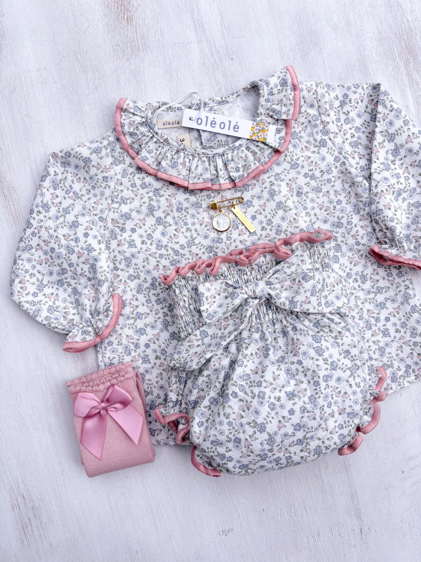 Conjunto MatchyMatchy bombacha flores mini azul medio y rosado