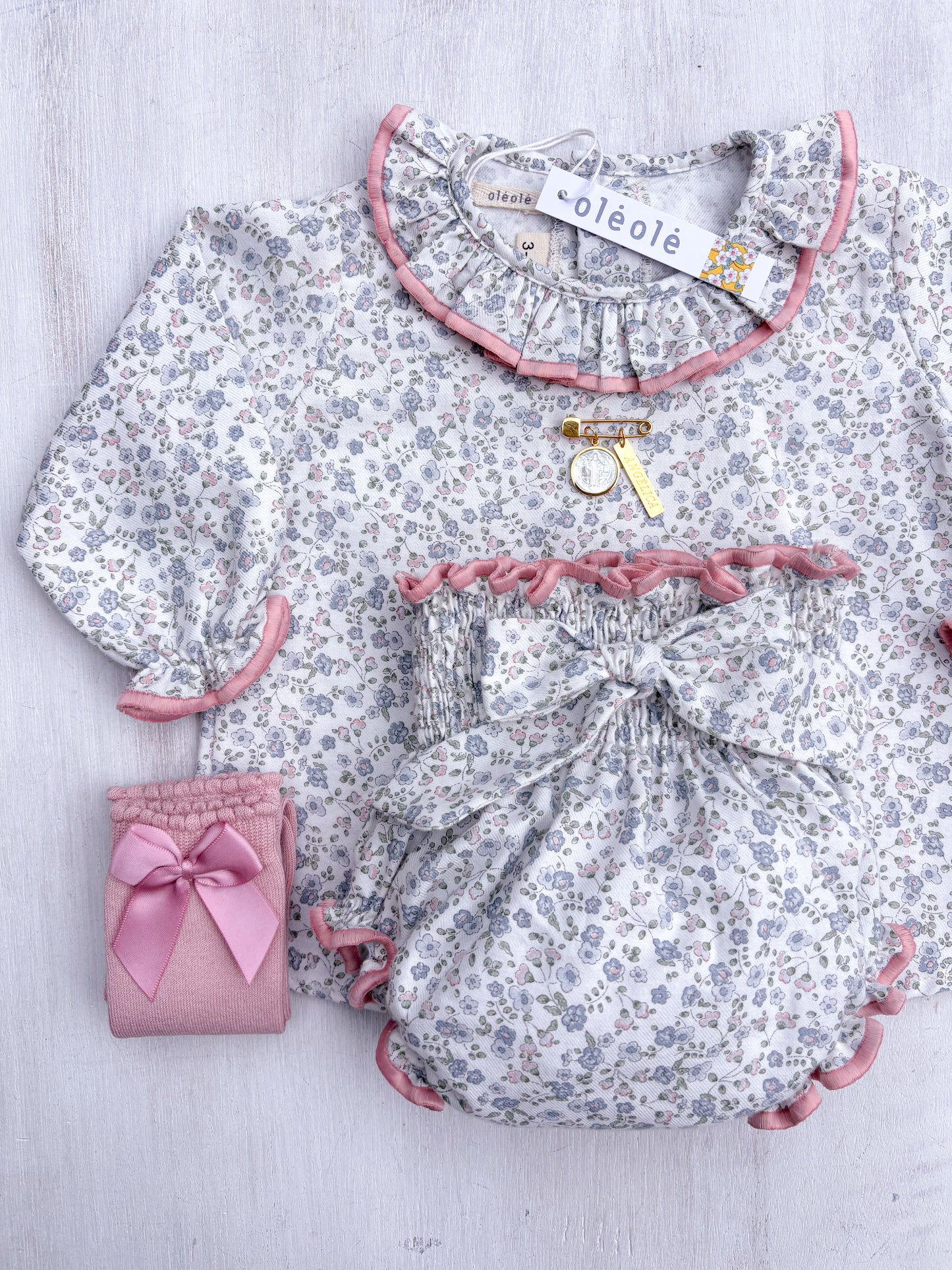 Conjunto MatchyMatchy bombacha flores mini azul medio y rosado