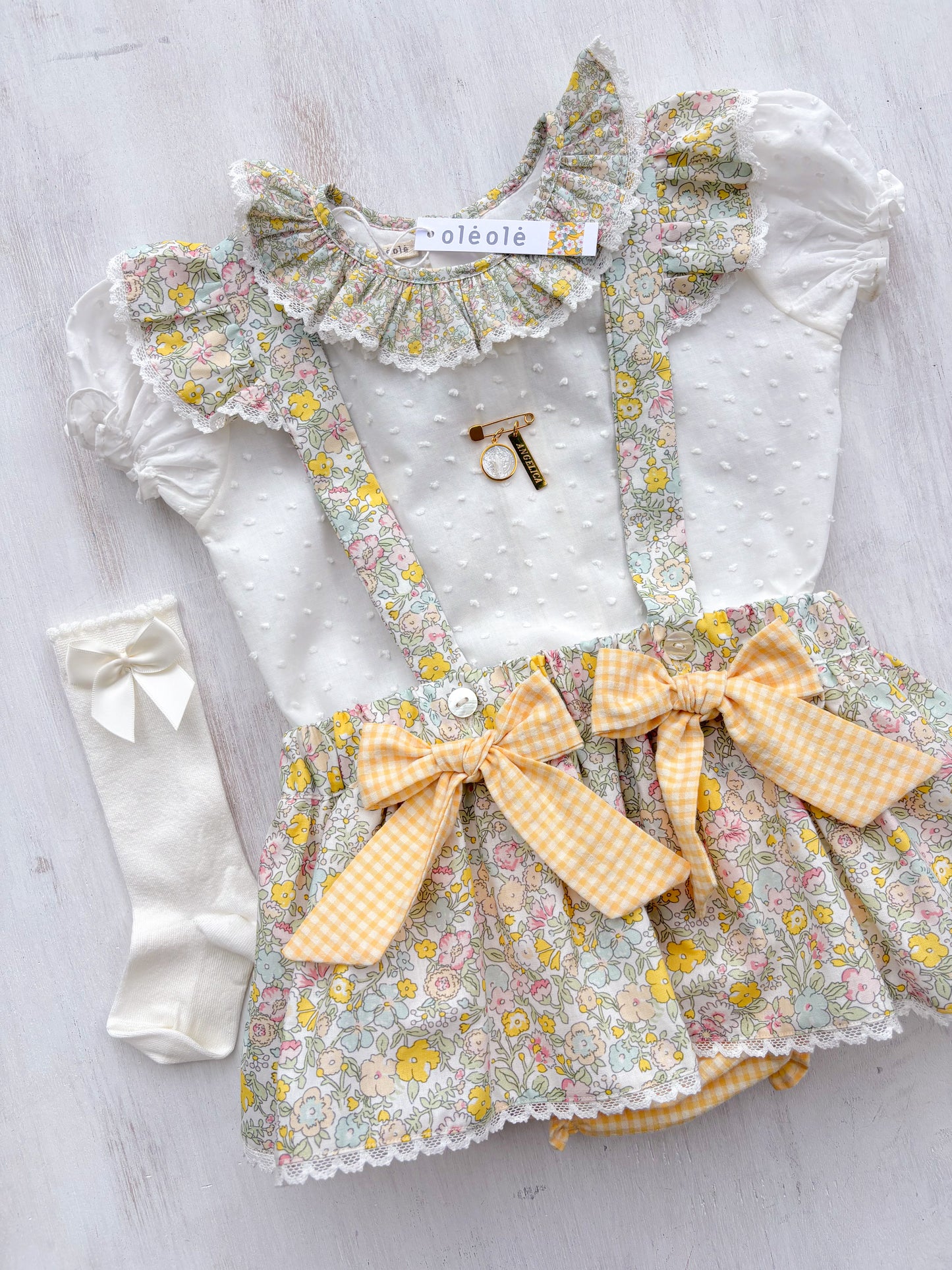 Conjunto falda c/tirantes y faralados flores medinas amarillas combinadas