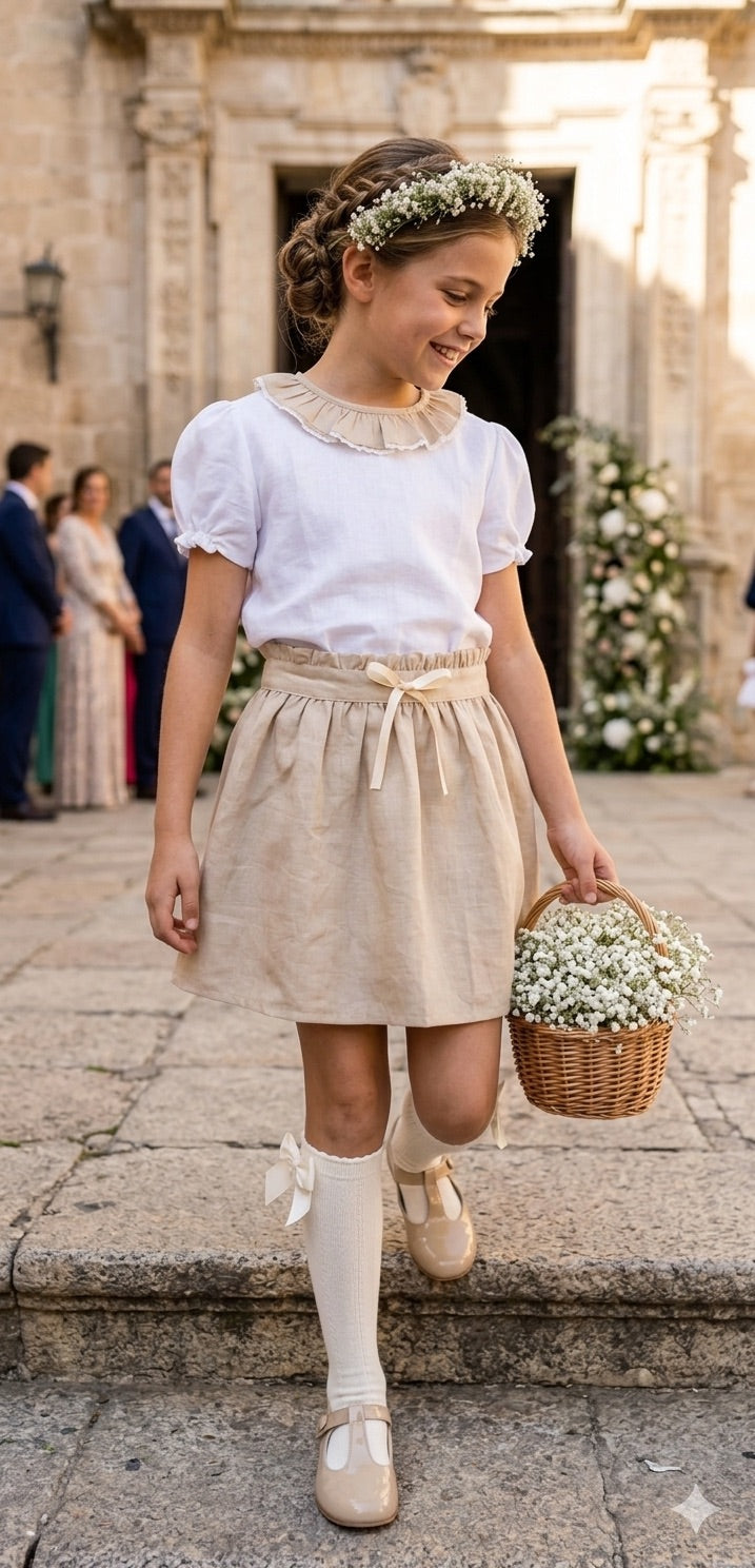 Conjunto MatchyCuello falda de grande cortejo beige y blanco