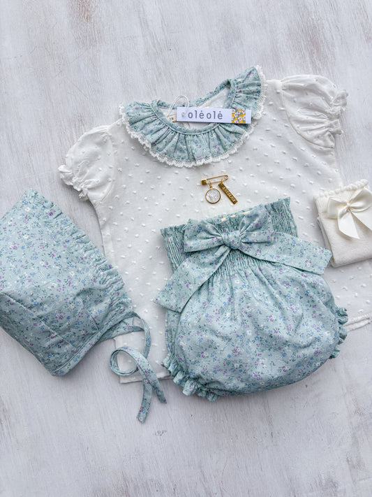 Conjunto MatchyCuello bombacha c/gorro flores mini morado fondo verde agua