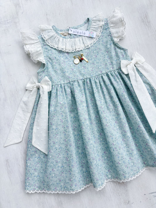 Vestido ranita flores mini morado fondo verde agua