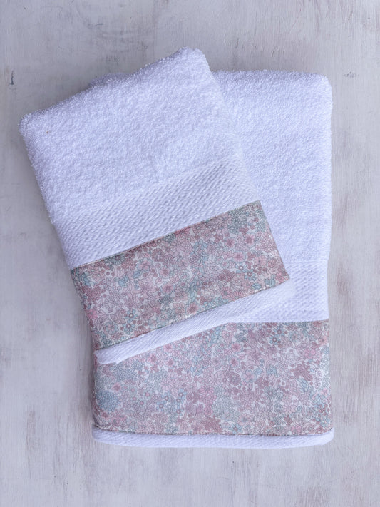 Juego de paños jardín flores rosado y verde agua