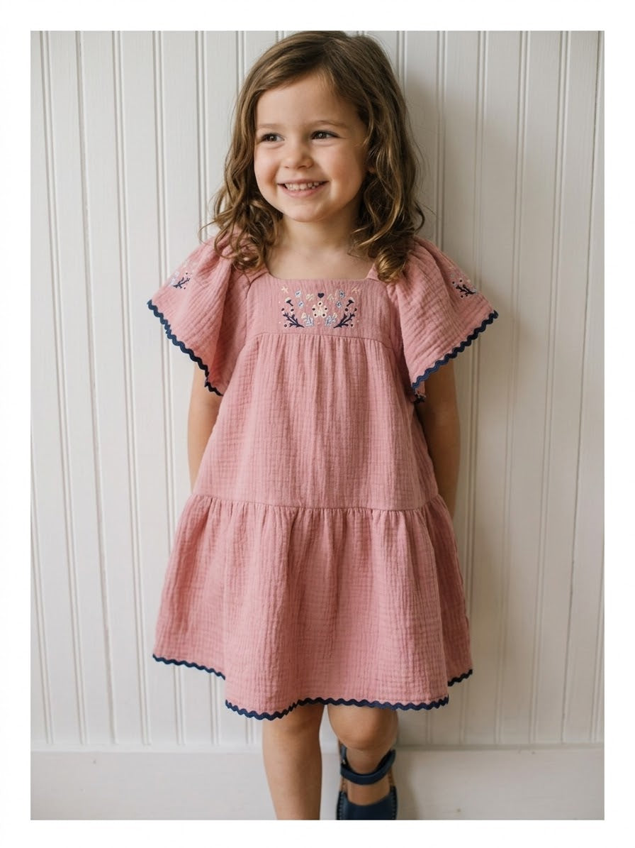 Vestido boblé rosado bordado