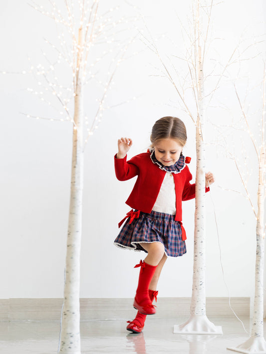 Conjunto MatchyCuello falda c/lazos rojos tartán marino y rojo
