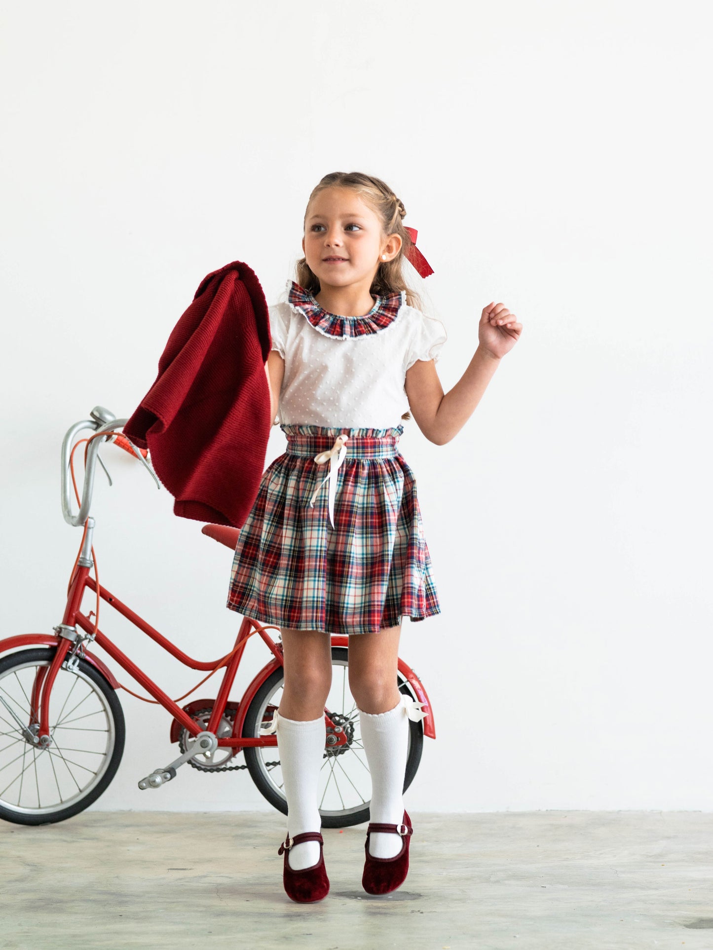 Conjunto MatchyCuello falda de grande tartán burdeos y beige