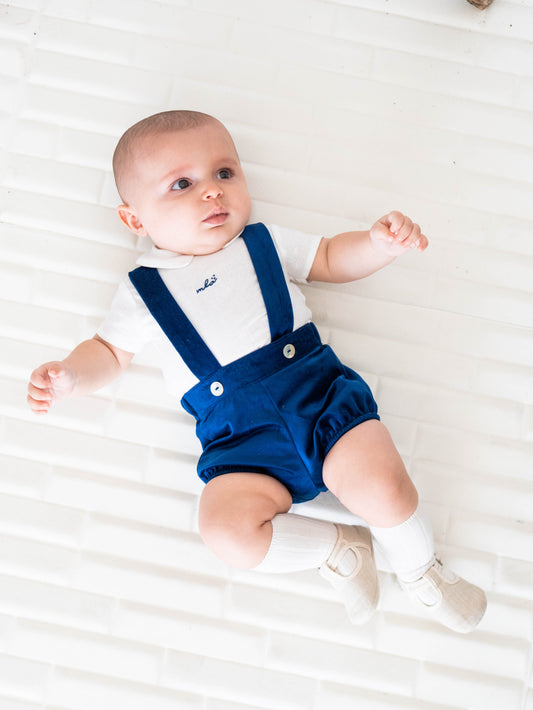 Conjunto bombacha c/tirantes varón velvet marino bordado a mano