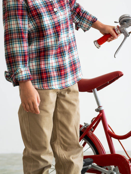 Camisa estampada varón manga larga tartán burdeos y beige