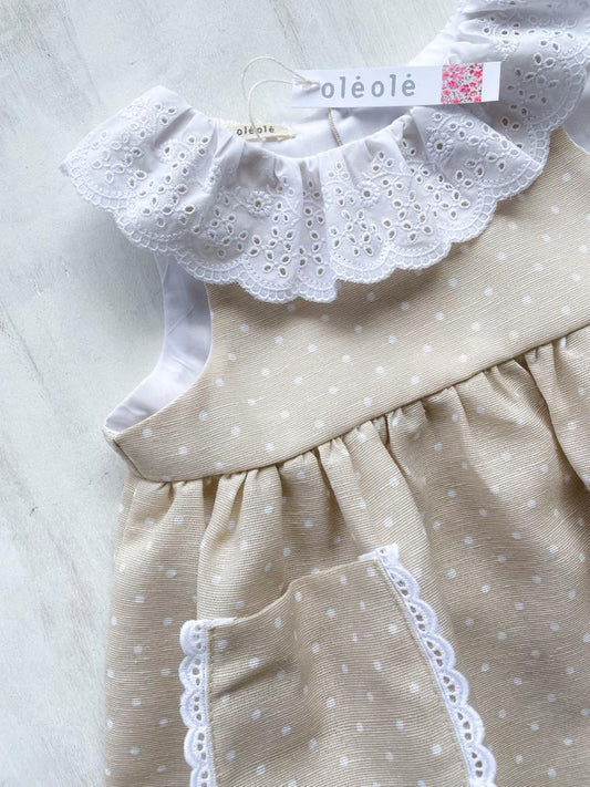Vestido bolsillo piqué beige lunares