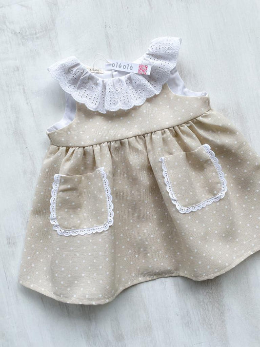 Vestido bolsillo piqué beige lunares