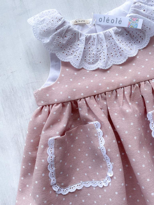 Vestido bolsillo piqué rosa palo lunares