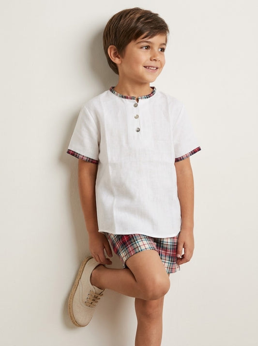 Conjunto varón short tartán burdeos y beige