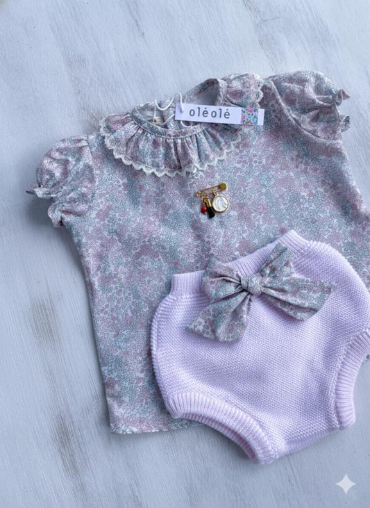 Conjunto panty tejida jardín flores rosado y verde agua