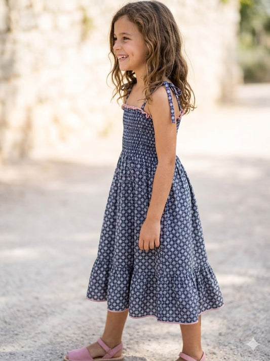 Vestido arruchado geometrical azul marino