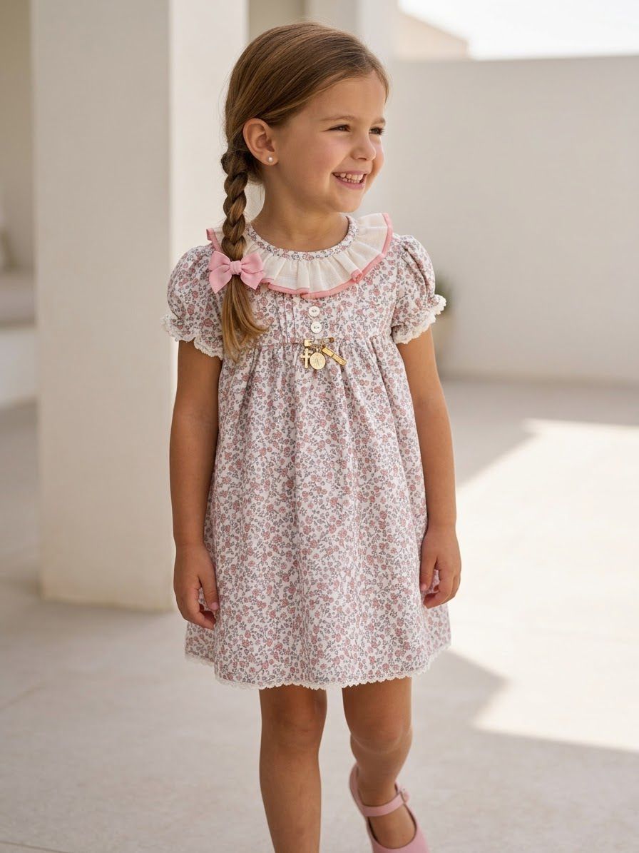 Vestido Madrid flores mini guayaba y rosado
