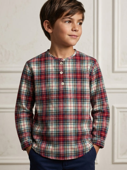 Camisa estampada varón manga larga tartán burdeos y beige