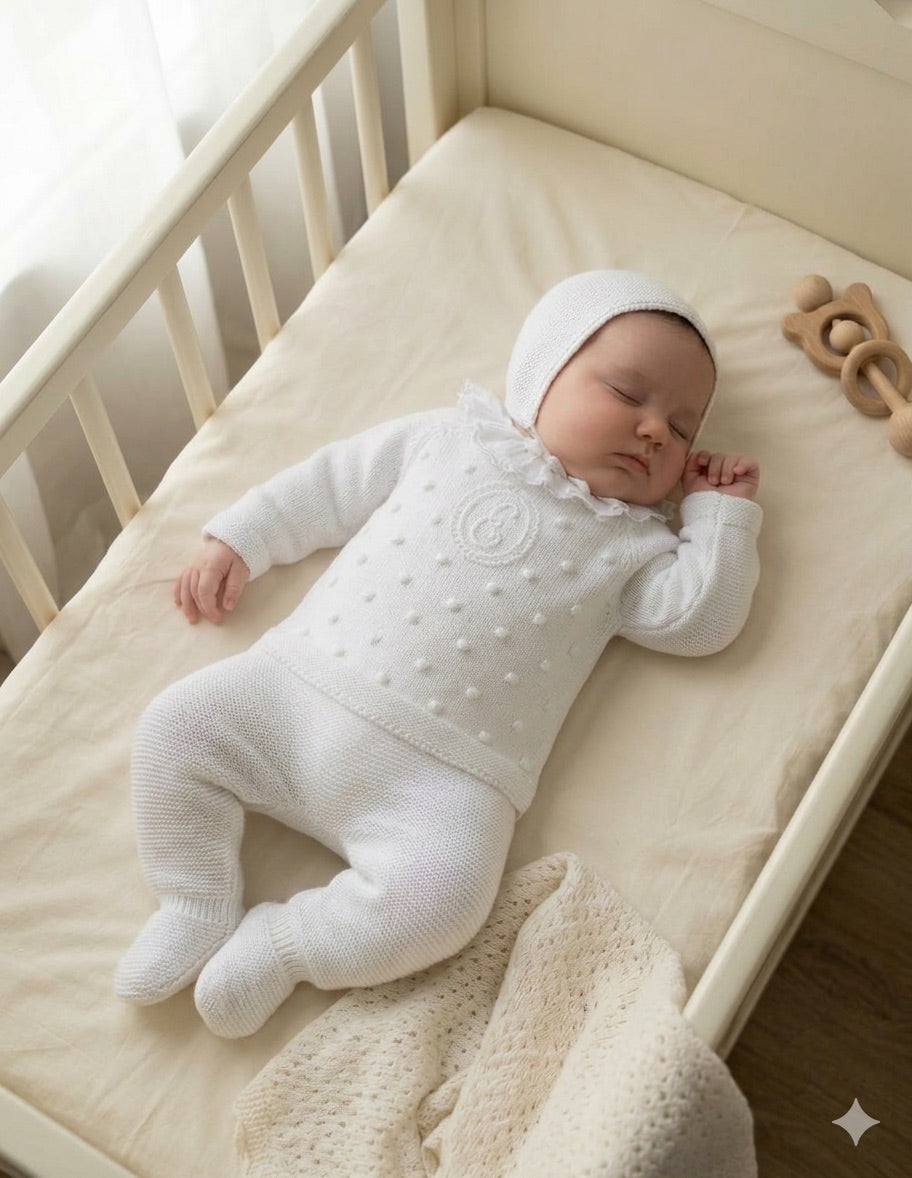 Conjunto tejido lunares c/gorro blanco