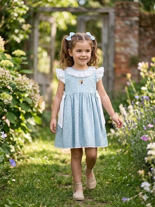 Vestido ranita flores mini morado fondo verde agua