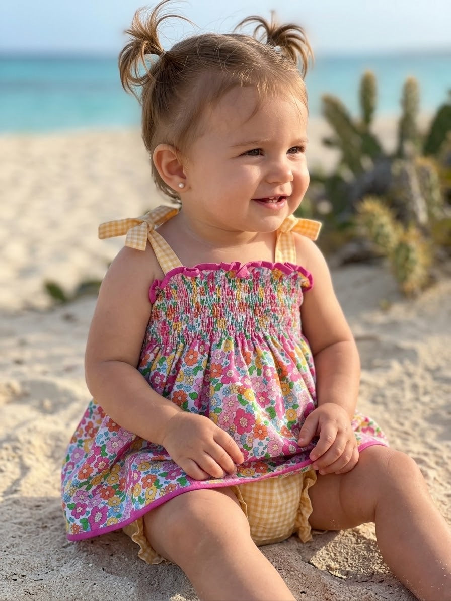 Vestido tiritas flores tipo Liberty fucsia