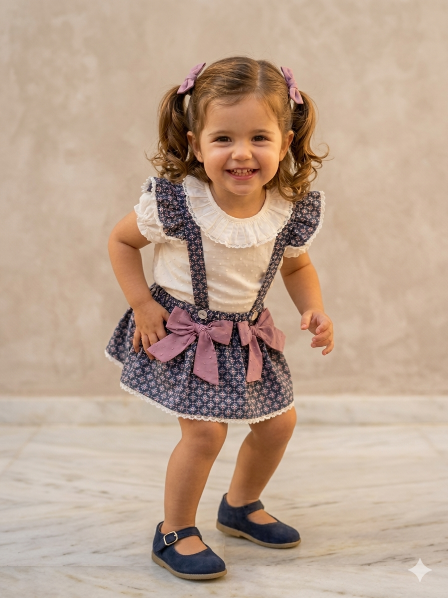 Falda c/tirantes y faralados geometrica azul marino