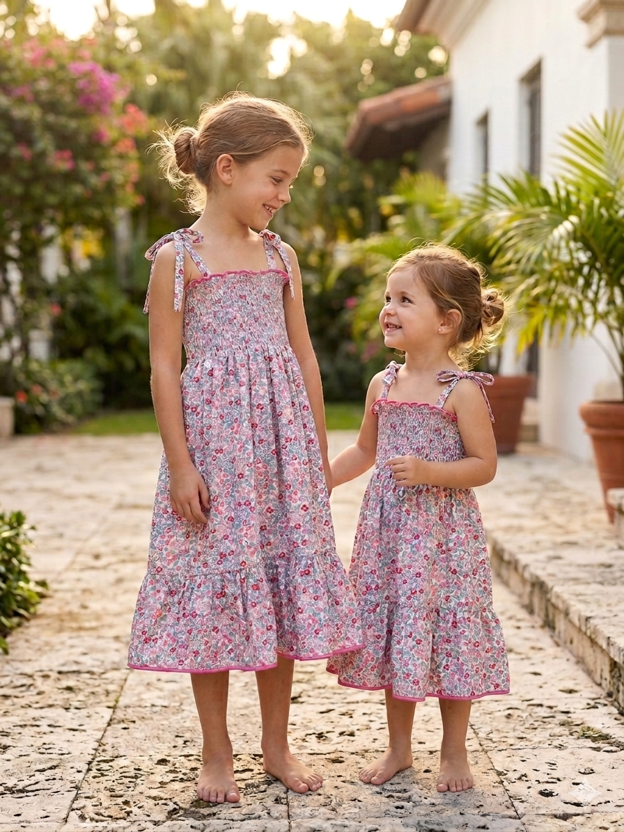 Vestido arruchado  flores medianas fucsia