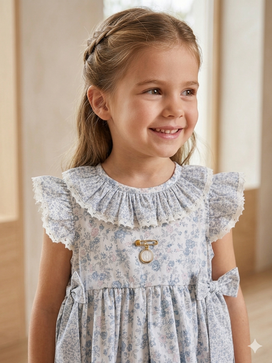 Vestido ranita flores medianas azul grisáceo y rosado
