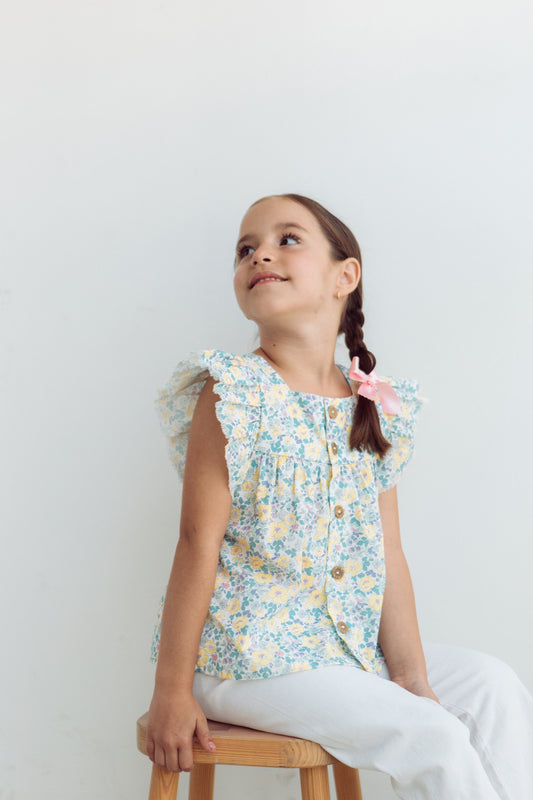 Camisa volante  flores grandes tipo liberty amarillas