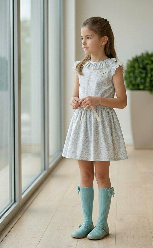 Conjunto MatchyMatchy falda de grande  flores mini azul grisáceo y rosado