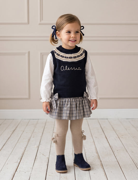 Conjunto top chaleco personalizado y falda c/lazos cuadros marino y beige